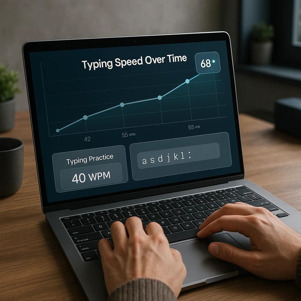 Laptop screen displaying a typing speed over time progress graph from 42 to 68 WPM and home row key indicators